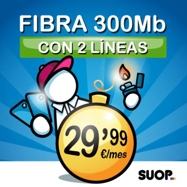Fibra 300Mb + 2 líneas con 25GB/mes + llamadas ilimitadas (Precio definitivo)