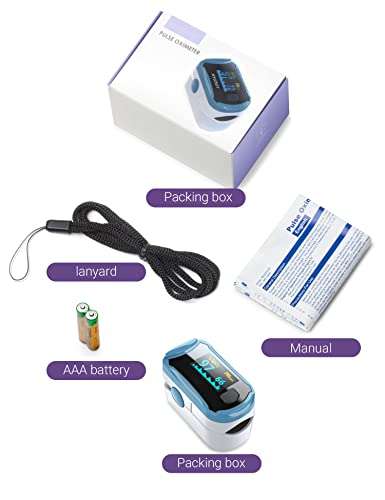 Oxímetro de Pulso con Monitor de Saturación de Oxígeno Sanguíneo con Bolsa de Transporte, Baterías y Cordón.