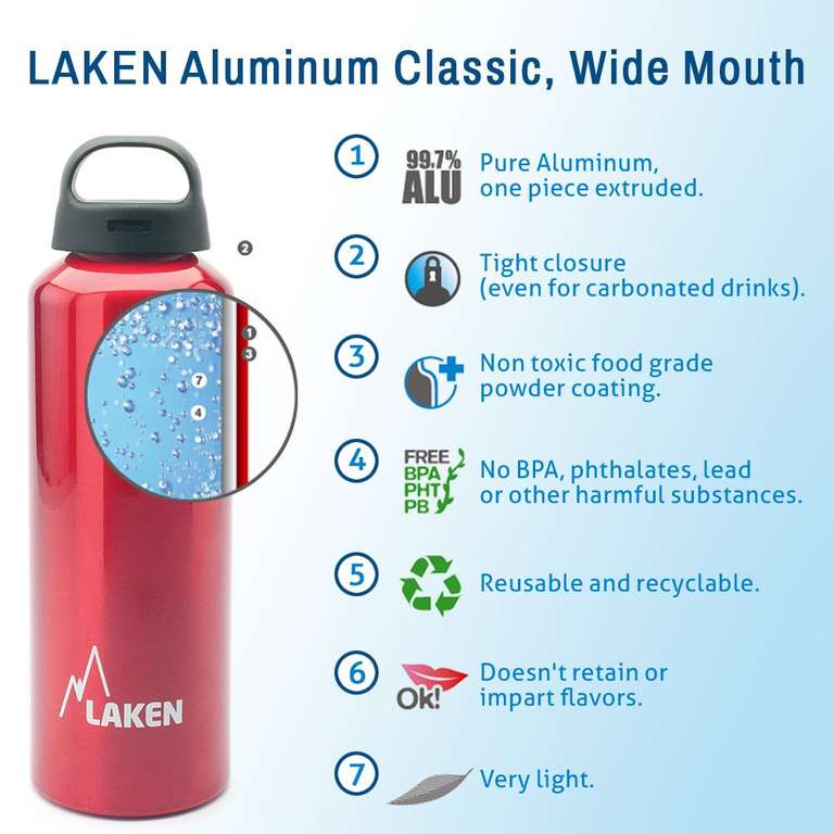 LAKEN Botella de Aluminio Clásica 1L Deporte, Gimnasio y Aventuras al Aire Libre