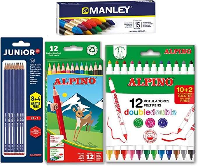 Lote material escolar Alpino: 12 lápices de colores + 12 rotuladores Double Double + 12 lápices de grafito + 15 ceras