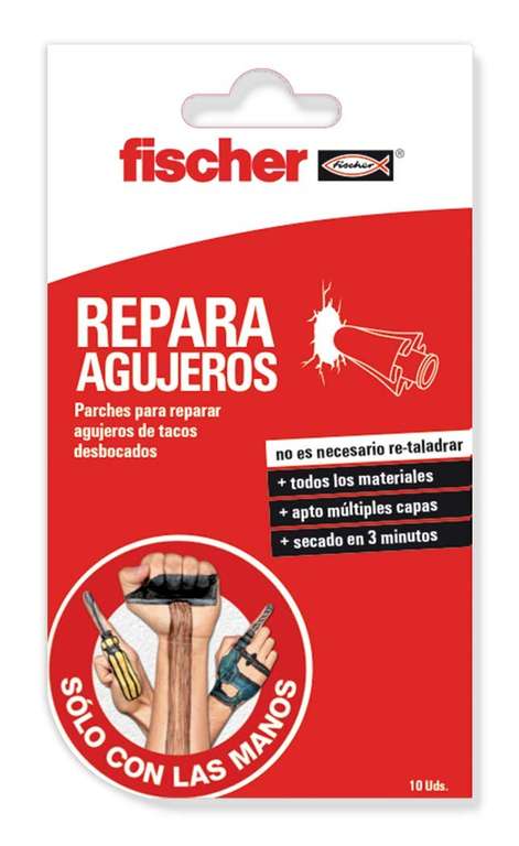 fischer - parche Repara Agujeros para tapar y reparar agujeros de tacos, desbocados y abolladuras, sin taladro y de fácil aplicación (10ud)