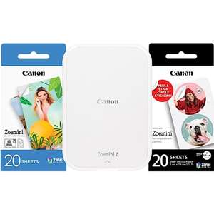 Canon Kit Zoemini 2 Impresora fotográfica + Papel fotográfico Zink 20 Piezas + Papel ZP-2030 (20 Hojas) + 10 Adhesivos Circulares - Blanco
