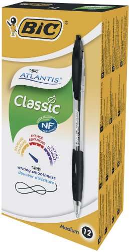BIC Atlantis Classic bolígrafos Retráctiles punta media (1,0 mm) - Negro, Azul o Rojo. Caja de 12 unidades [0'50€/ud]