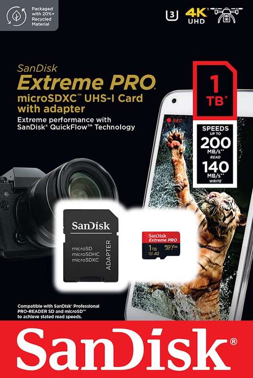 SanDisk Tarjeta microSDXC Extreme PRO de 1 TB + adaptador SD + RescuePRO Deluxe, hasta 200 MB/s, A2, UHS-I, Clase 10, U3, V30