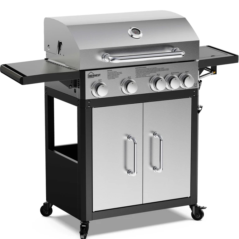 Barbacoa de gas potente, 17,1 kW, 5 quemadores, parrillas de hierro fundido, Acero inoxidable, modelo Salamanca
