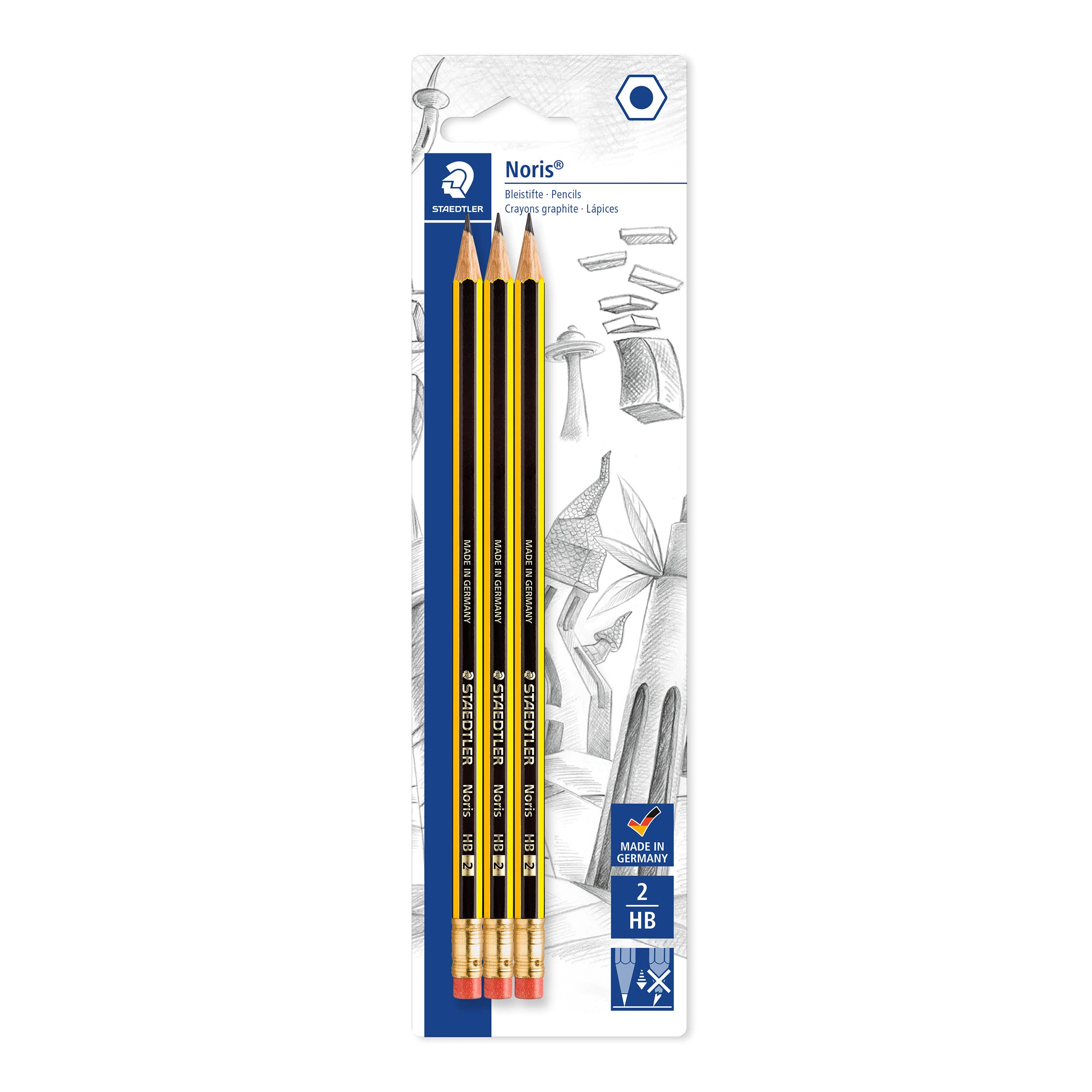 STAEDTLER Noris modelo 122 / Lápices con goma – HB, pack 3 Lápiz hexagonal con goma, agarre antideslizante – resistente para el colegio