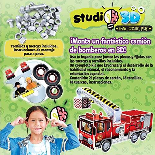 Educa - Studio Puzzle en 3D con Piezas, Tornillos y Tuercas. Monta un camión de Bomberos Desde Cero. +5 años. 19186, Multicolor