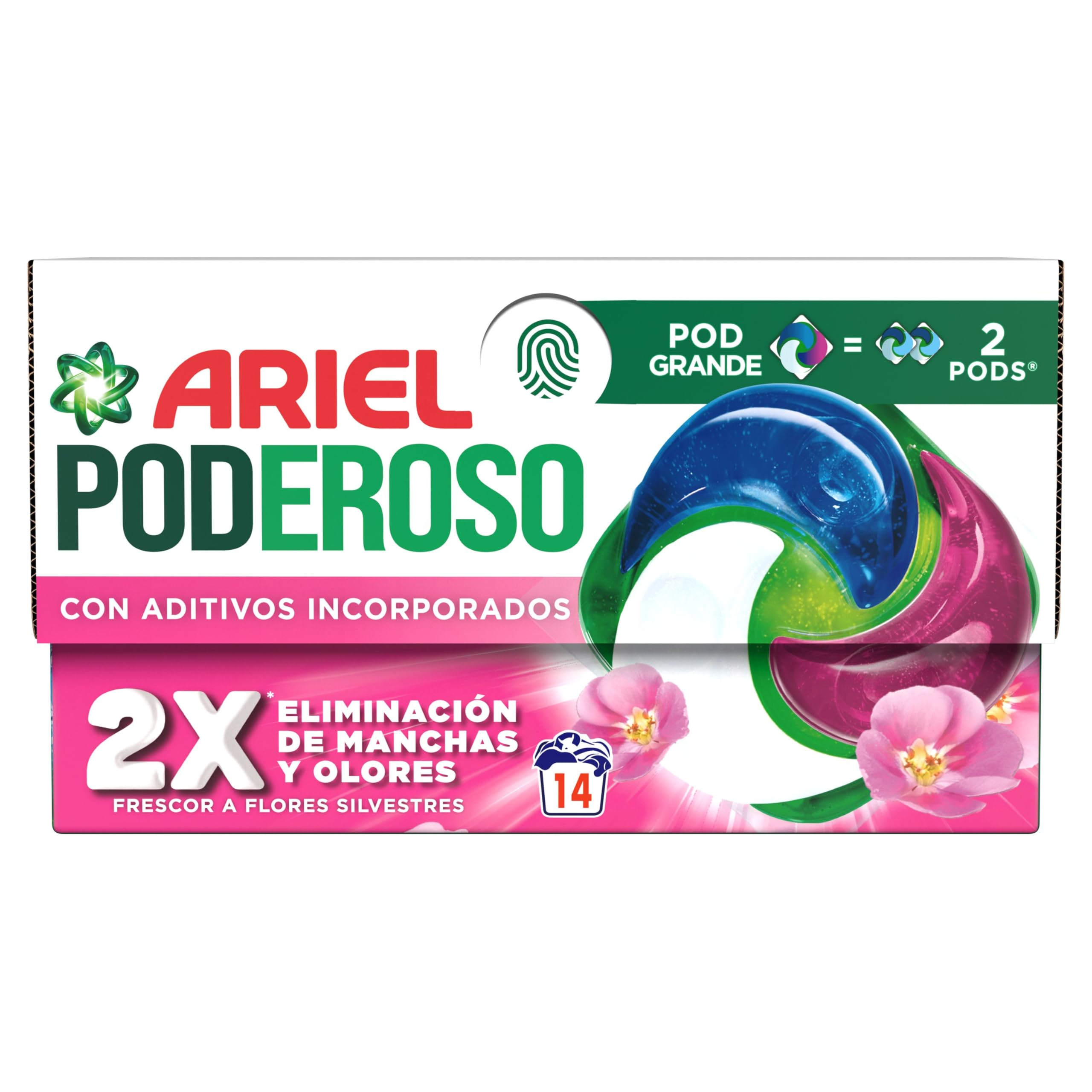 2 paquetes Ariel PODs PODEROSO, Detergente Líquido En Cápsulas 28 Lavados, Frescor Silvestre, Con Aditivos Integrados, Quitamanchas Y olores