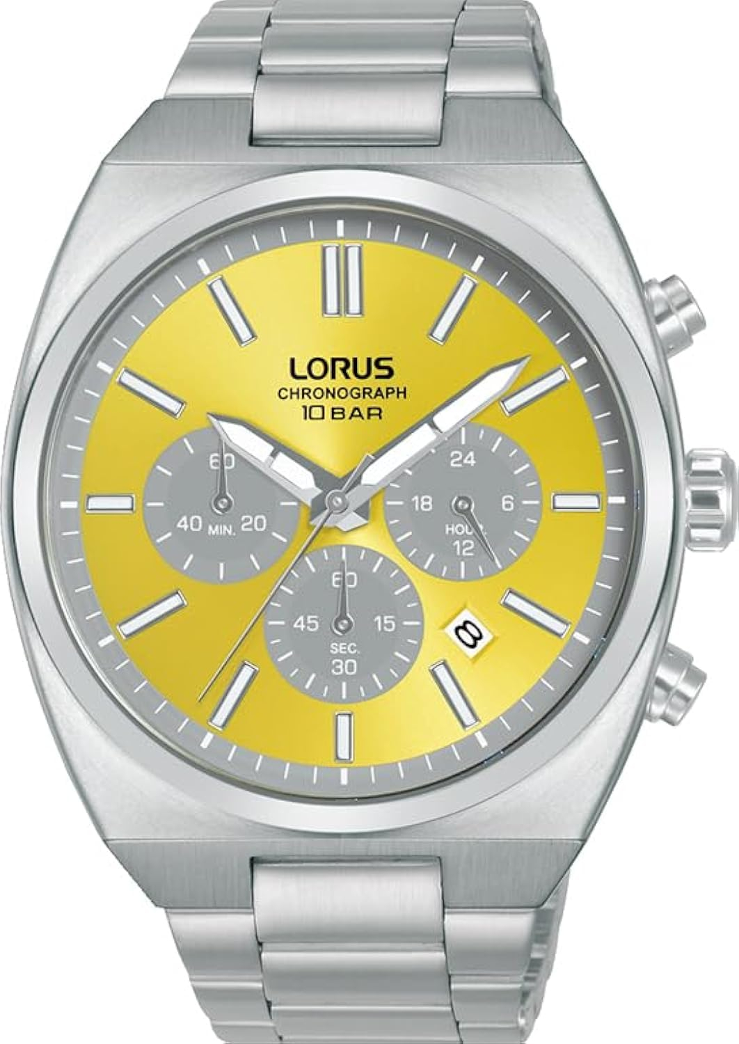Reloj Cronógrafo Lorus para hombre (Submarca Seiko), 10 BAR, esfera amarilla y acero