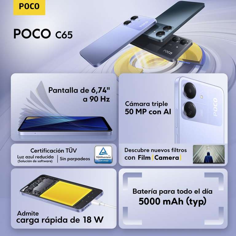 Xiaomi Poco C65 - 6+128GB, Pantalla de 6.74” 90Hz HD+, MediaTek Helio G85, Triple cámara 50MP+2MP+QVGA, 5000mAh, NFC, Azul (Versión ES)
