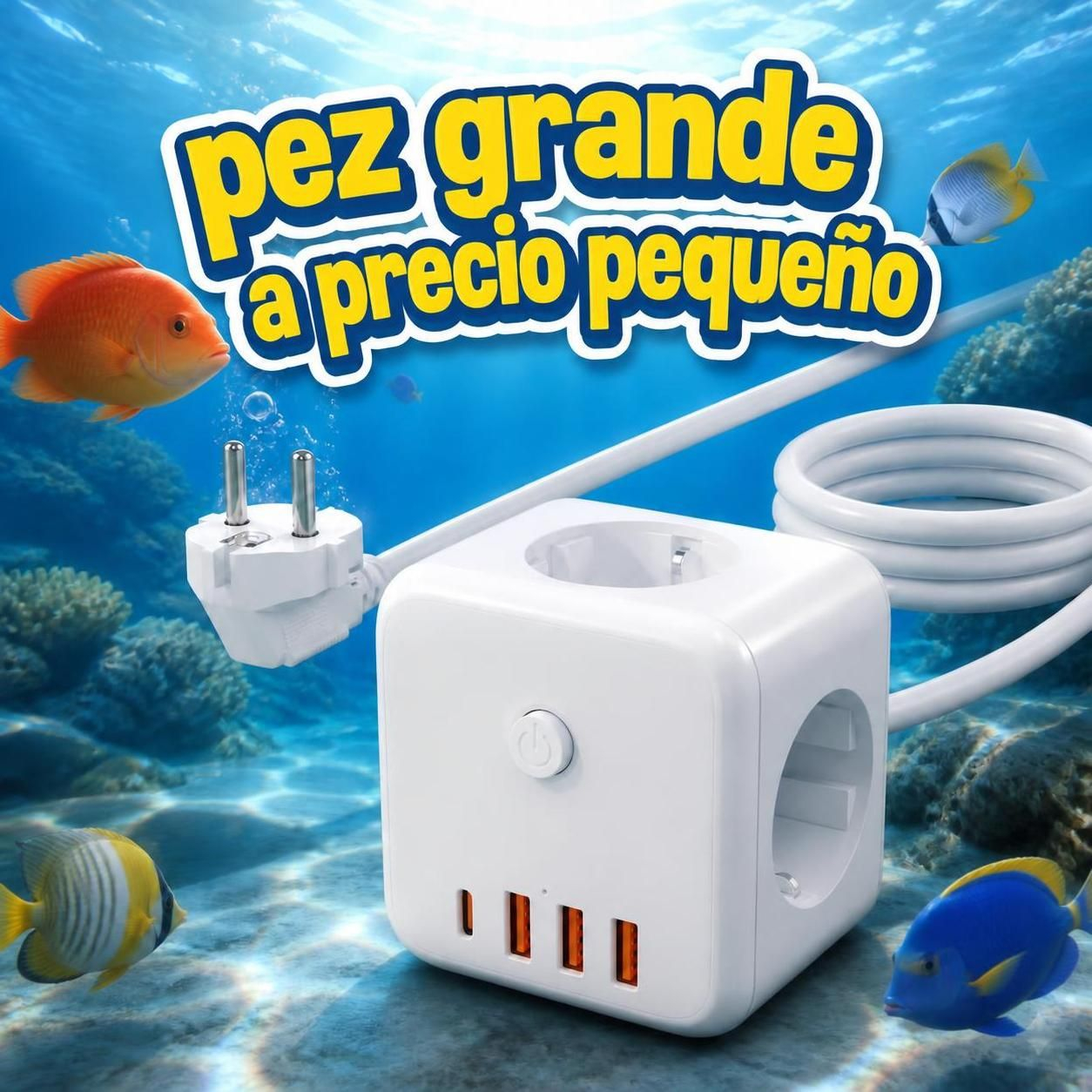 BIGFISH 3 M Cubo Ladrón Enchufe Regleta USB 3 Tomas de AC y 4 USB (3A+1C) Enchufe Múltiple 250 V 16 A máx. 4000 W (Reaco Como Nuevo)