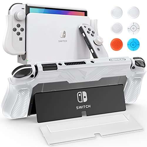 Funda Protectora para Nintendo Switch OLED, + 6 Grips, Anti-Choques/Arañazos, (3 Colores: Blanca, Negra y Transparente)