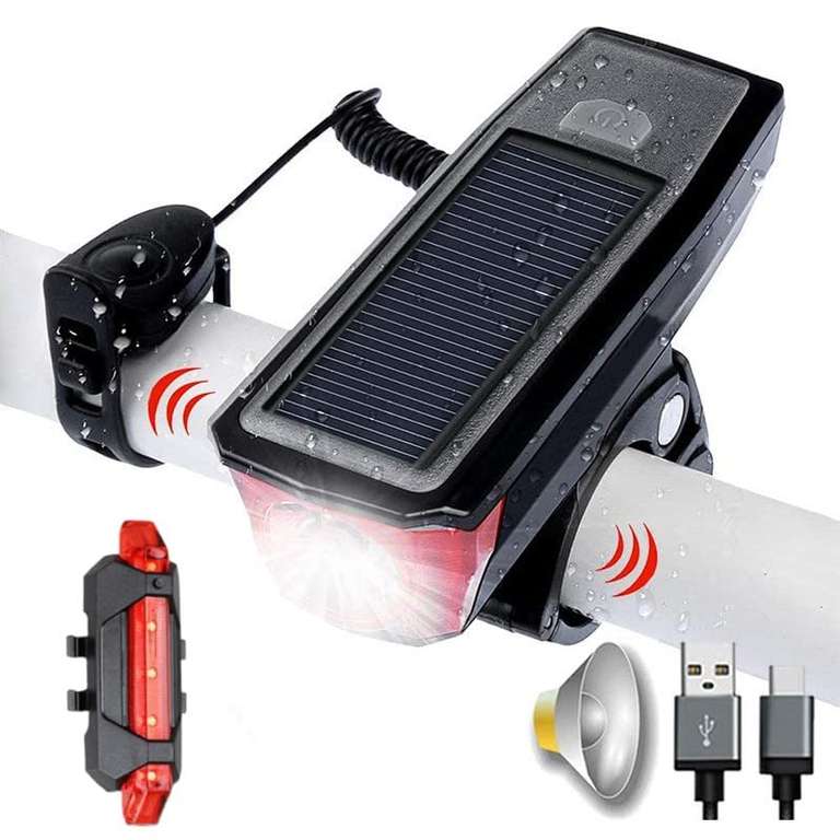 Luces bicicleta LED solar/USB 2000mAh: delantera, trasera y zumbador 120dB + cable y soporte.