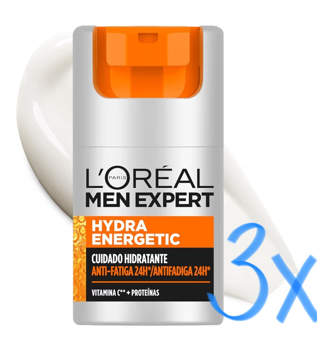 3 x L'Oréal Paris Men Expert Hydra Energetic Crema Hidratante Anti-Fatiga, 50ml Guaraná, Vitamina C y Proteínas, Reduce Signos de Cansancio,