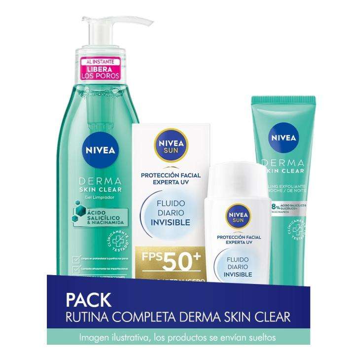 NIVEA Pack ahorro DERMA SKIN CLEAR rutina completa: Gel Limpiador + Exfoliante de Noche + UV Proteccion Facial FP50+