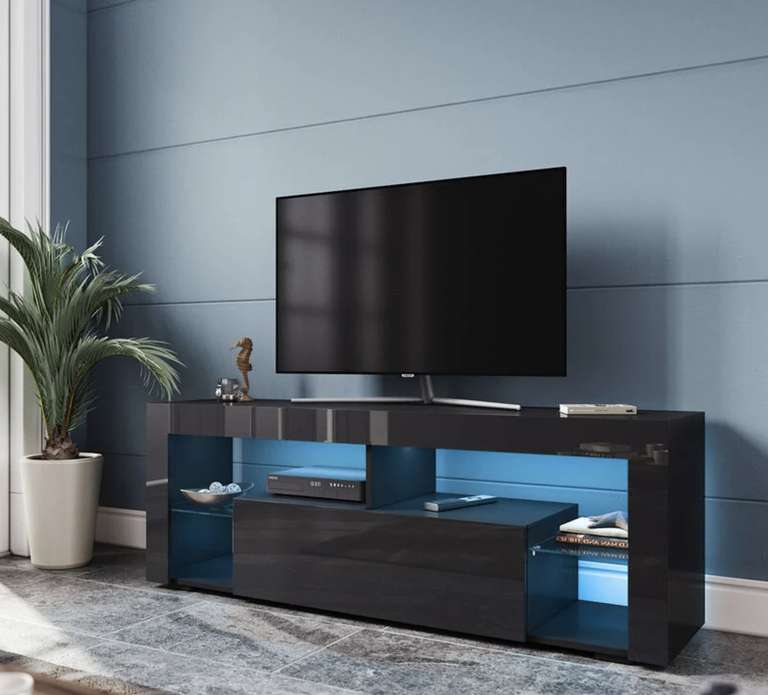 Mueble TV con 12 Luces LED, Estantes de Cristal y Puerta Abatible