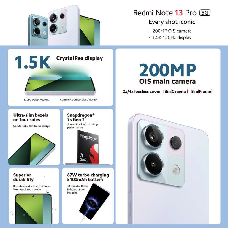 Xiaomi Redmi Note 13 Pro 5G - 12/512GB, Pantalla de 6,67" AMOLED 1.5K 120Hz, SD 7 Gen 2, Triple cámara de hasta 200MP, Hypercharge 67W