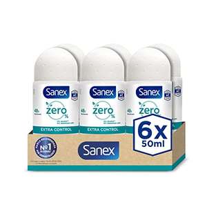 Sanex Zero% Extra Control Desodorante Roll-On, Pack 6 Uds x 50ml, Protección 48H, 0% Alcohol, 0% Sales de Aluminio [Unidad 1'28€]