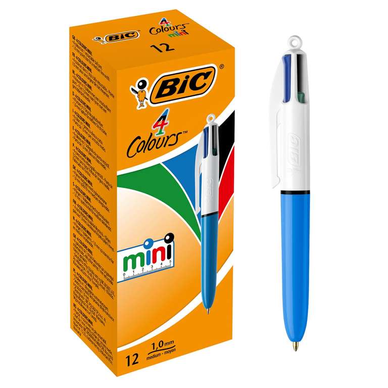 BIC 4 Colores Mini Bolígrafos retráctiles, punta media (1.0 mm), caja de 12 unidades
