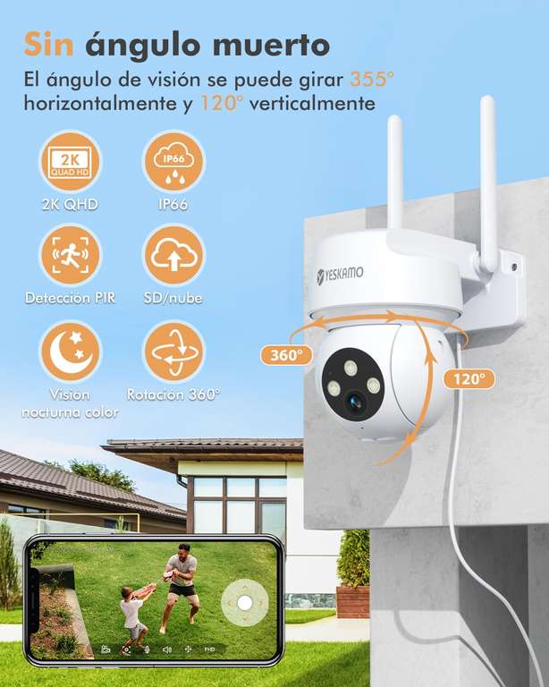 YESKAMO 2K Cámara Vigilancia WiFi Exterior o Interior con Eléctrico 360 Grados, Cámara IP Domicilio IP66 Sensor de Movimiento