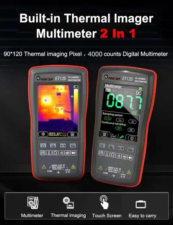 TOOLTOP-multímetro de cámara de imagen térmica 2 en 1, dispositivo con pantalla táctil de 2,8", cámara IR, circuito Solar