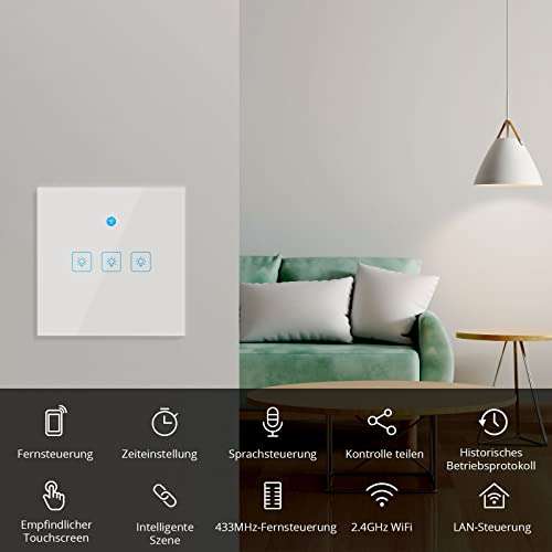 WiFi Interruptor de pared Inteligente WiFi Smart Táctil Switch con APP Control Remoto, Control de voz (Compatible con Alexa y Google Home)