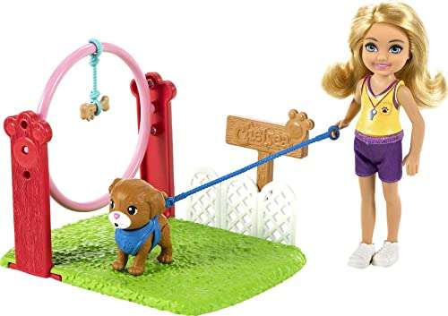 Barbie Chelsea Adiestradora canina Muñeca rubia con accesorios y perrito de juguete