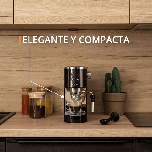 Krups Cafetera espresso Virtuoso - 15 bar de presión, acero inoxidable negro, diseño compacto y elegante, espresso y cappuccino