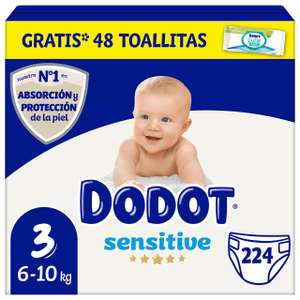 Dodot Pañales Bebé Sensitive Talla 3 (6-10 kg), 224 Pañales + 1 Pack de 40 Toallitas Gratis. Compra recurrente.