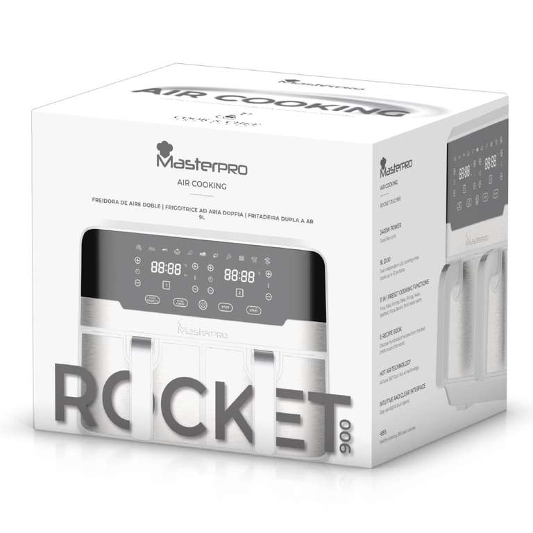 Freidora Sin Aceite MasterPRO Rocket Duo 90 Doble Capacidad de 9 L y 2400 W Pantalla LED Táctil y Cesta Antiadherente, 11 funciones