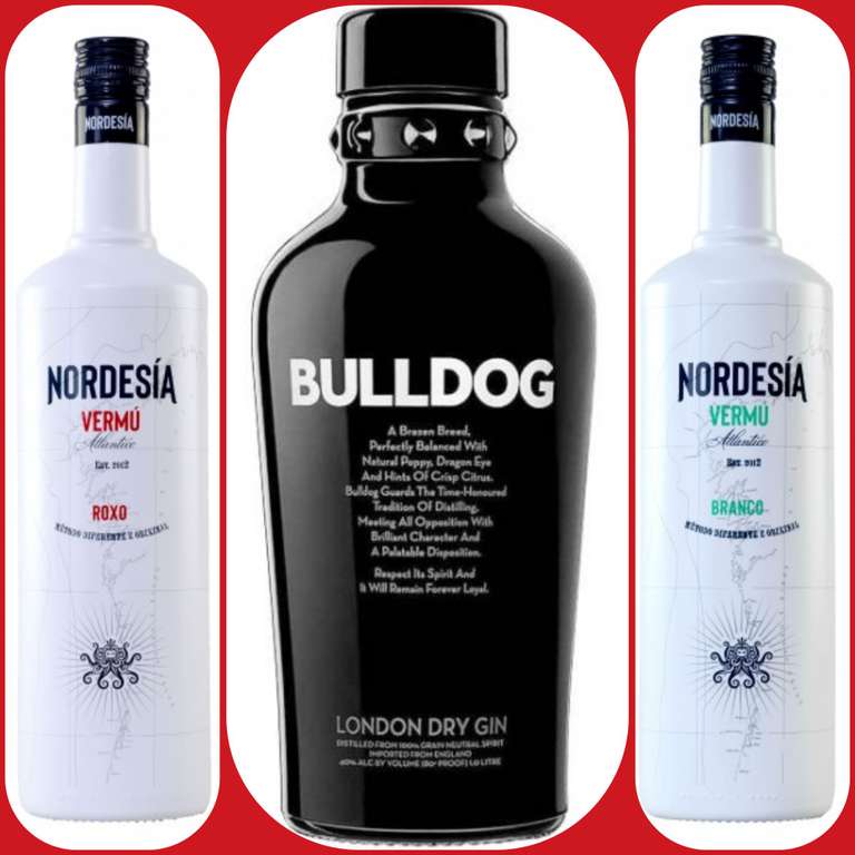 3 botellas con envío gratis: Bulldog gin 1 litro + Nordesía vermú blanco 1 litro + Nordesía vermú rojo 1 litro + regalo