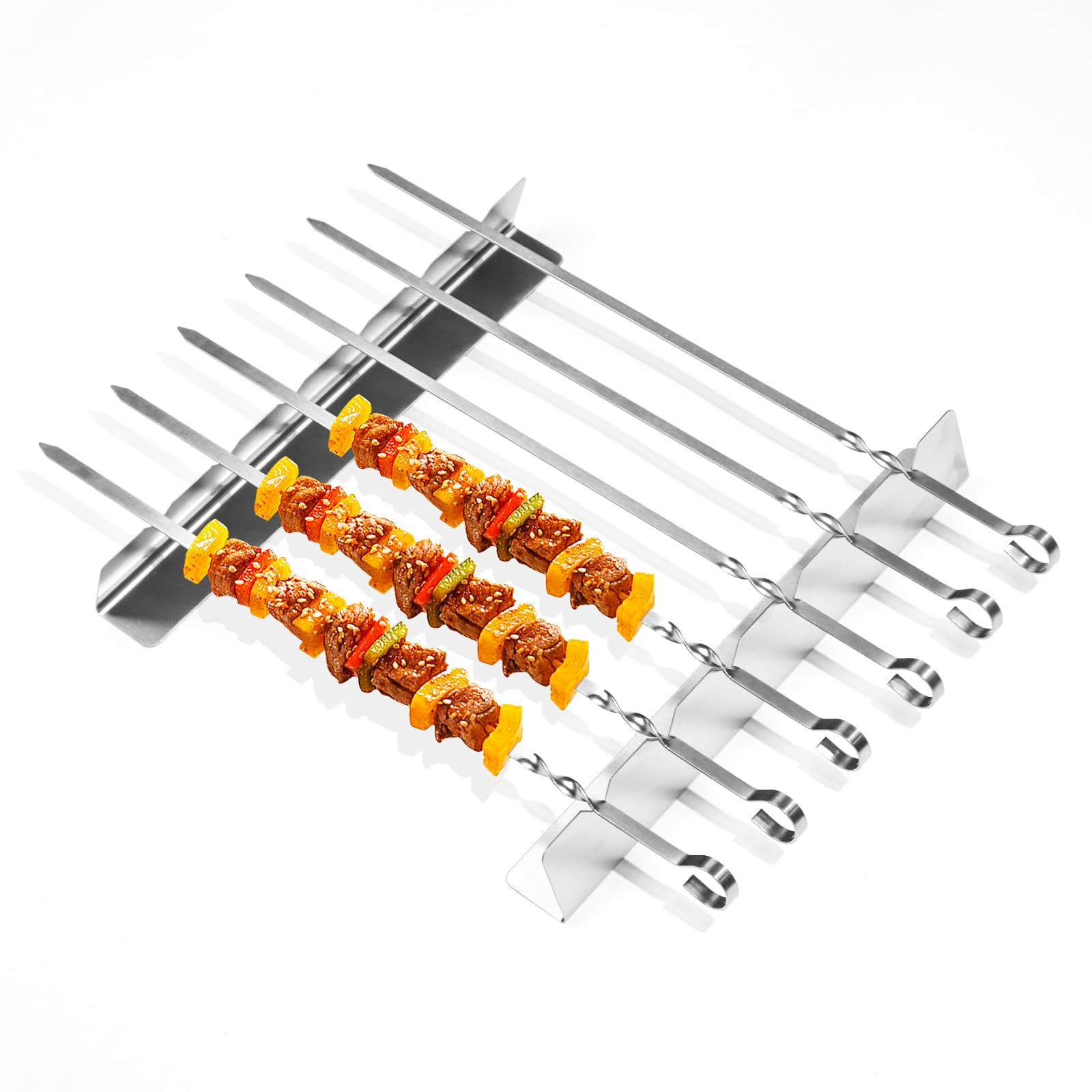 Juego de 6 brochetas de acero inoxidable con soportes y bolsa Pinchos para barbacoa de acero inoxidable, estables y reutilizables.
