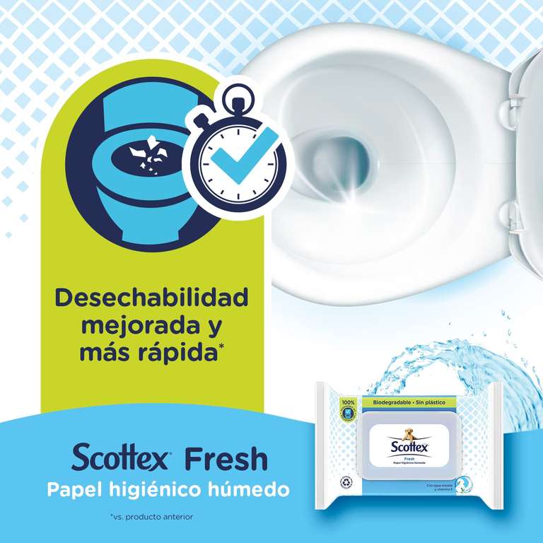 Scottex Papel Higiénico Húmedo Fresh con Agua Micelar y Vitamina E, pack x 2, 148 toallitas húmedas desechables por el WC (SOLO FRESH)