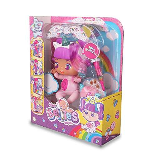 The Bellies from Bellyville - Rosie Rainbow!, muñeca interactiva grande, bebe unicornio, con accesorio de vacuna, sonido y luz