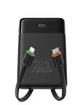 Batería externa portátil diseñada para cargar múltiples tipos de dispositivos móviles sin necesidad de transportar cables adicionales.