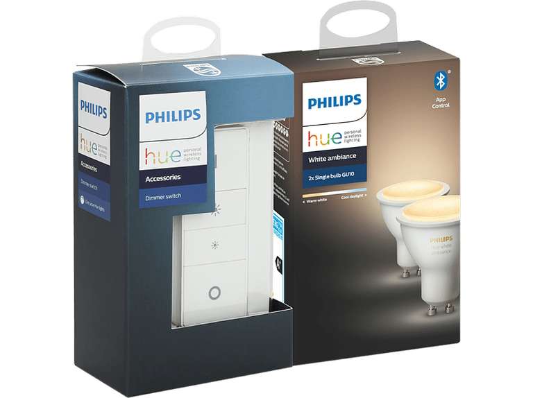 Pack 2 bombillas Bluetooth + Conmutador - Philips Hue LED GU10, Luz blanca cálida a fría
