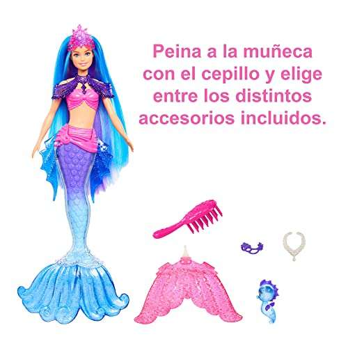 Barbie Mermaid Power Malibu Muñeca sirena con pelo azul, cola fantasía, caballito de mar, cepillo y accesorios de joyería