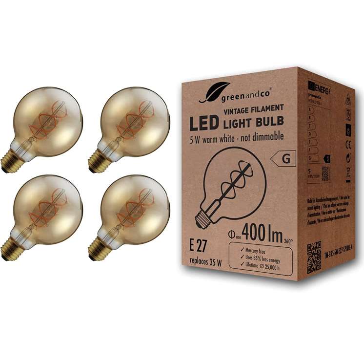 Pack de 4 Bombillas de filamento LED greenandco Vintage E27 G95 5W (corresponde a 35W) 400lm 2000K (blanco cálido) 360° 230V vidrio