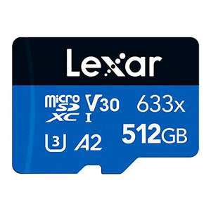 Lexar 633x Tarjeta Micro SD 512GB, Tarjeta Memoria microSDXC UHS-I, Adaptador SD, hasta 100 MB/s de Lectura, A2, C10, U3, V30