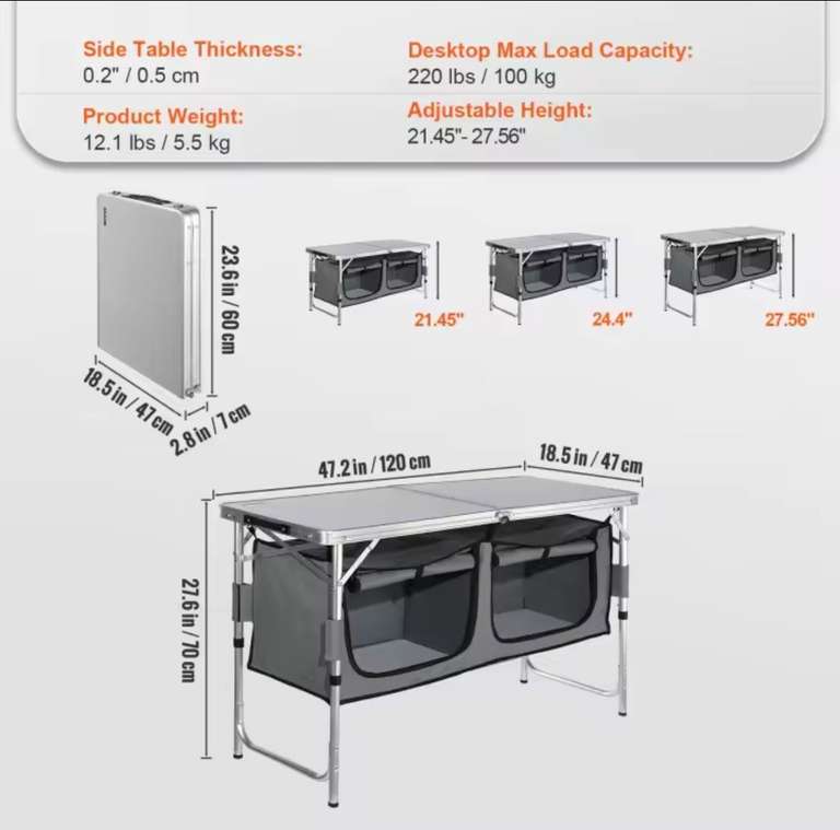 VEVOR - Mesa de cocina plegable con bolsa de almacenamiento, 3 alturas ajustables