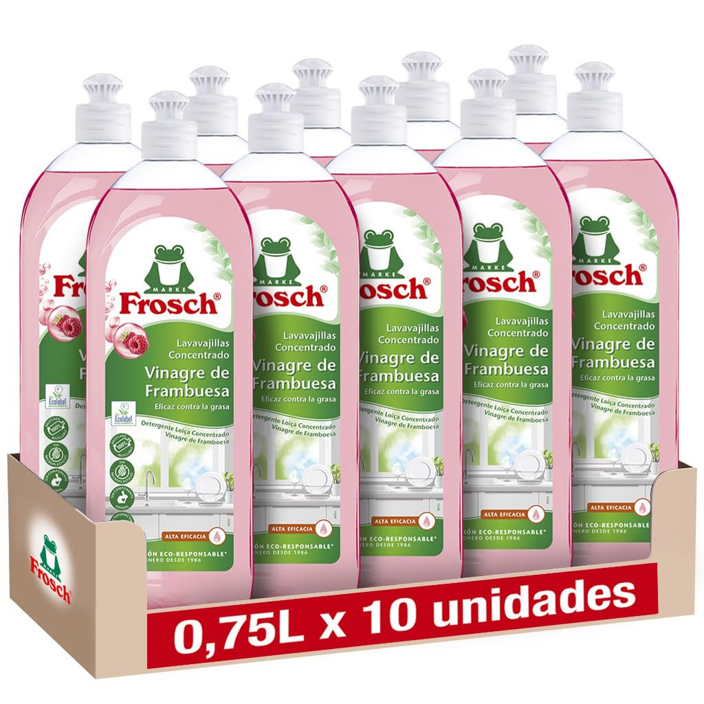 10 X 750ml. Frosch - Lavavajillas a Mano Líquido Concentrado Ecológico Vinagre de Frambuesa, Extra Desengrasante y eficacia