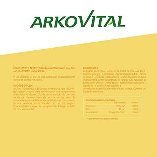 Arkopharma Vitamina C&D3 + Zinc 20 Comprimidos Efervescentes X2, Refuerzo Sistema Inmune, Huesos, Menopausia