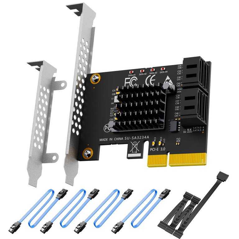 GLOTRENDS SA3234-C 4 Puertos PCIe X4 SATA Tarjeta de expansión con SATA y Cables de alimentación, Compatible con Windows, Linux, Mac OS, NAS