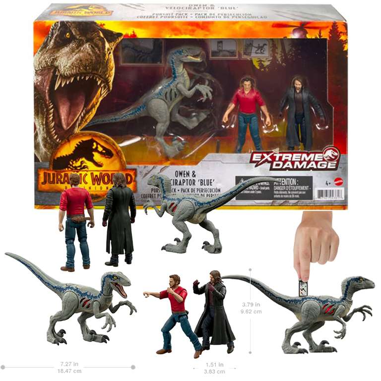 Pack de persecución Owen & Velociraptor Blue con 3 figuras (JURASSIC WORLD)