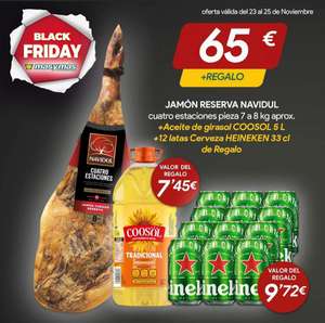 Jamón reserva Navidul 7-8kg + Aceite girasol Coosol 5L + 12 latas Heineken 33cl