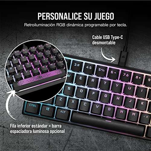 Corsair K65 RGB MINI 60% Teclado Mecánico con Cable para Juegos - Interruptores CHERRY MX ROJO - Teclados PBT Double-Shot- QWERTY ES - Negro