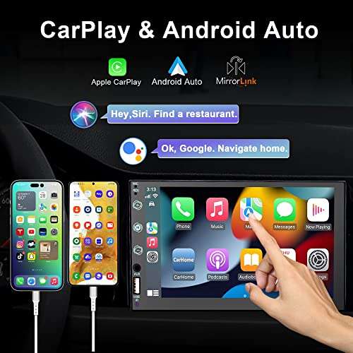 Estéreo de coche de doble DIN de 7" compatible con Apple Carplay y Android Auto, pantalla táctil HD, cámara de respaldo de 12 LED