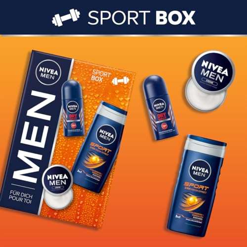 NIVEA MEN Sport Box Set de regalo, set de cuidado con productos de cuidado hidratante, caja de regalo con crema Nivea Men, gel de ducha.