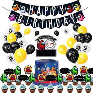 Decoración fiestas, cumpleaños Among Us con guirnalda de cumpleaños, decoración de tartas, decoraciones de cupcakes, globos. Dos opciones.