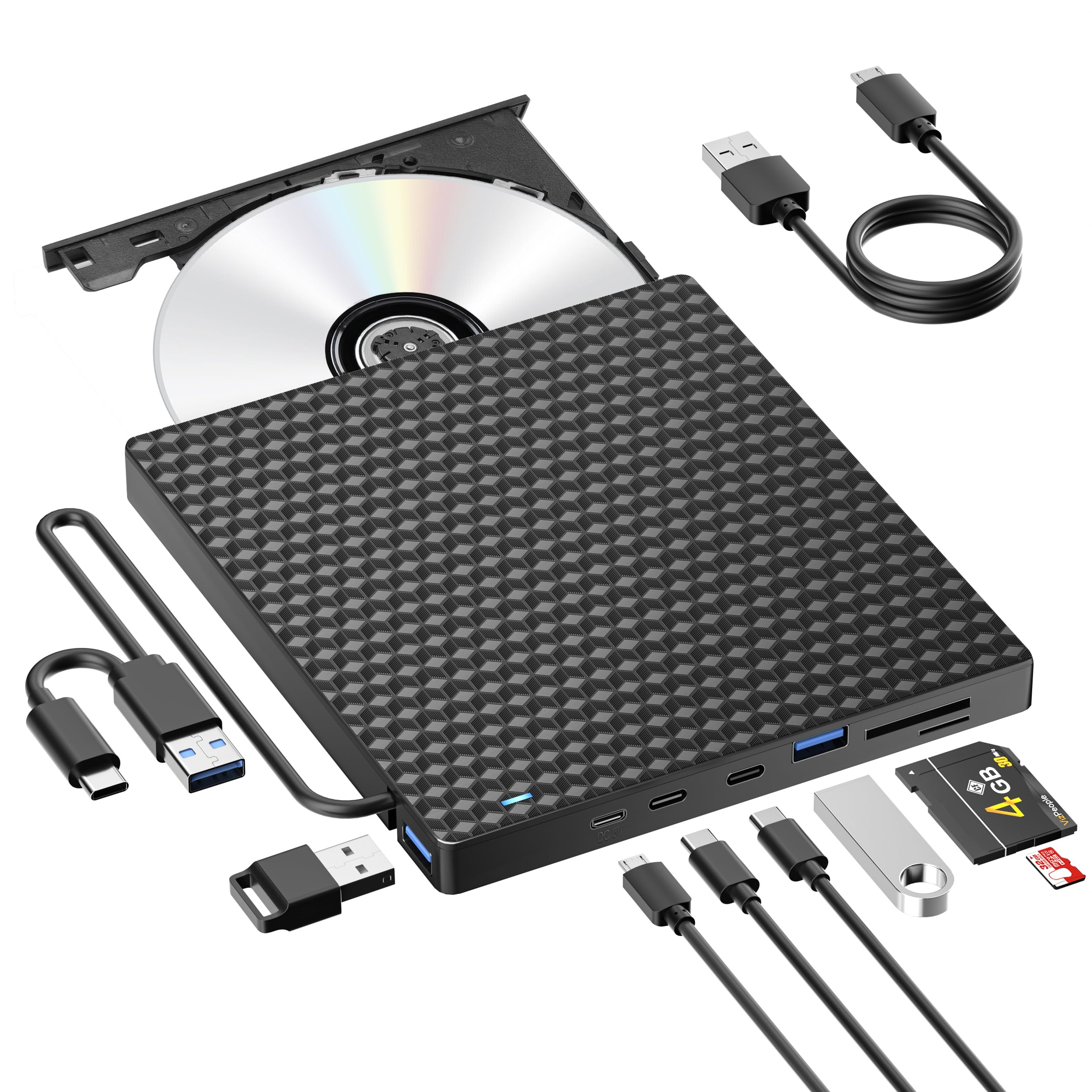 Reproductor y Grabador Externo de CD/DVD 8 en 1. Hub USB Multi-Puerto + Lector de Tarjetas Integrado | Plug & Play
